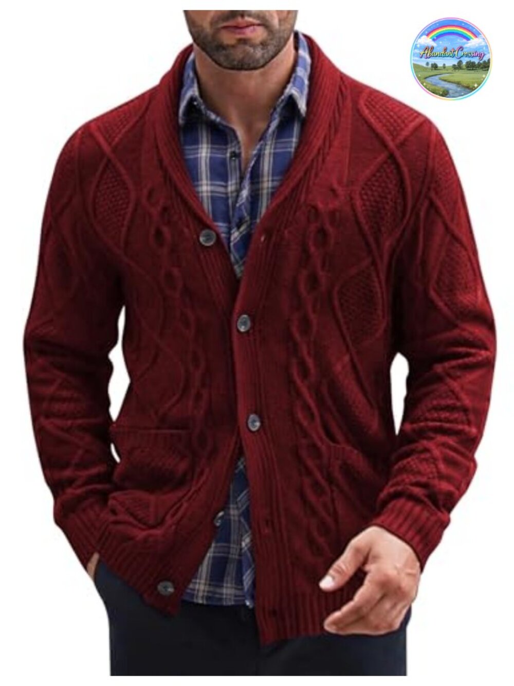 Mens Shawl Collar Button Down Cable Knit Cardigan Sweater with Pockets Slim Fit